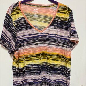 EVRI MODERN TEE WOMENS V-NECK TEE. CRINKLE FABRIC. MULTI-COLOR. SZ. 0X